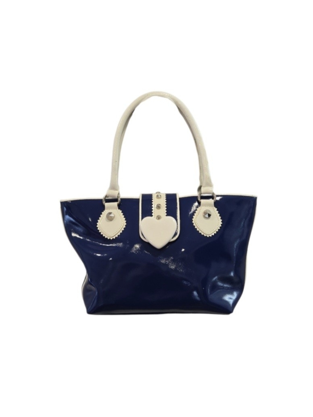 Betsey Johnson Navy Patent Tote with Cream Heart Accent